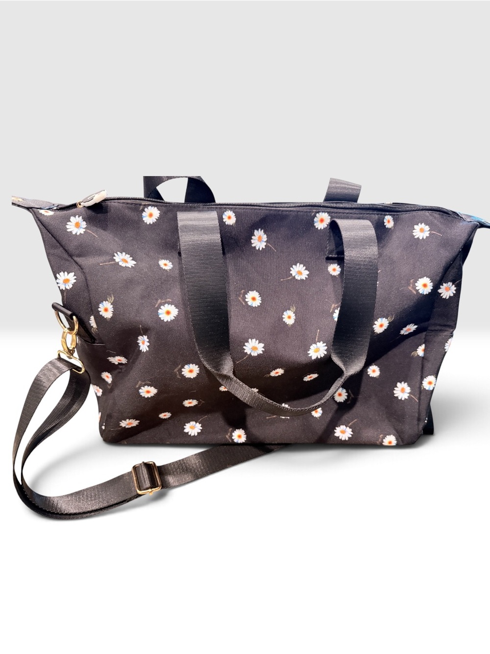 Alice + Olivia Black Daisy Print Travel Tote with Removable Strap